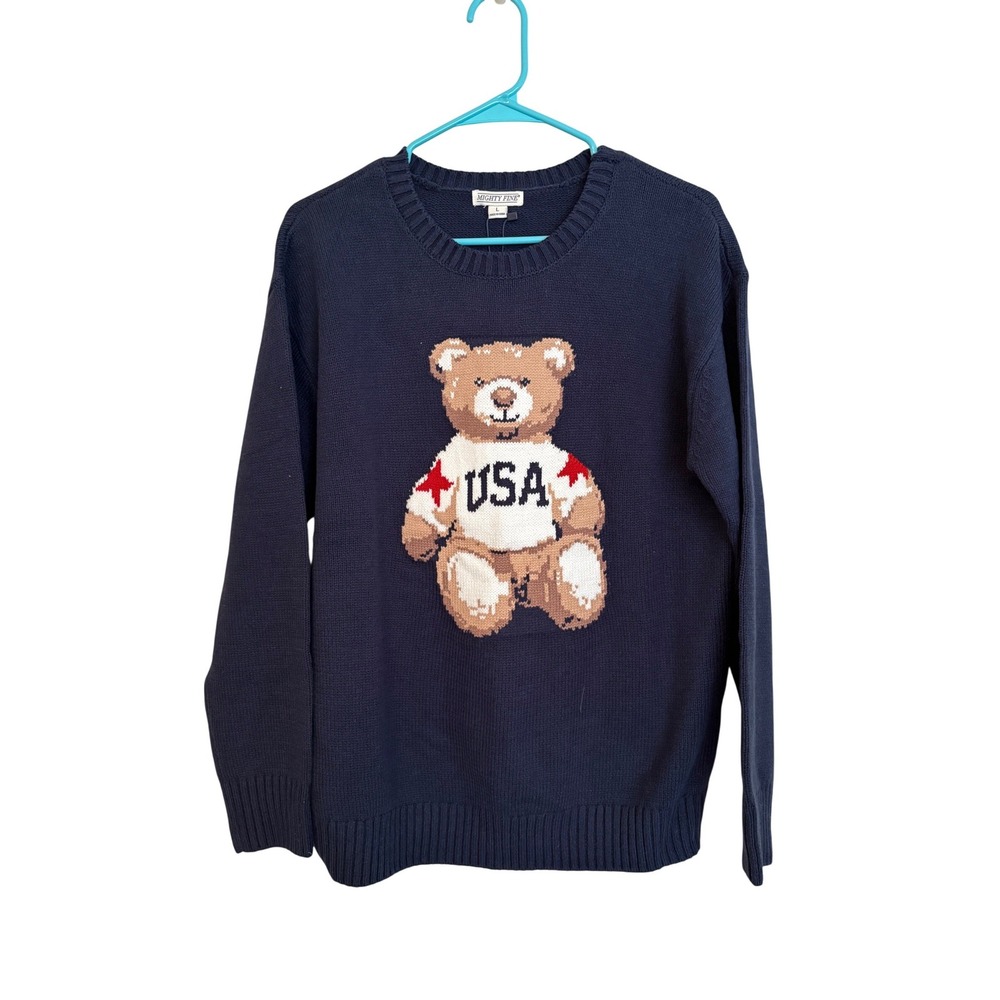Mighty Fine Womens Navy Blue USA Bear Intarsia Knit‎ Crewneck Sweater Large NEW